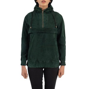 Women Emerald Green Genuine <b>Suede</b> Leather Anorak <b>Jacket</b> Hooded Pullover Slim Fit Premium Goat <b>Suede</b> Half-Zip Streetwear Hoodie - Product Image 1