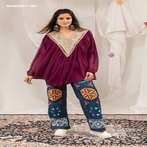 Designer Fancy Faux Georgette with Real-<b>Mirror</b> Hand-work Neck Long-Top & Cotton-Denim Embroidery Jeans Pair Worldwide Supplier - Product Image 1