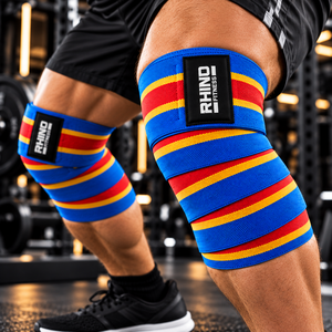 Attelles orthopédiques pour genoux RHINO FITNESS, en nylon respirant, stabilisatrices, fermeture à boucle et crochet, soulagement des gonflements, rayures bleues, rouges et jaunes, unisexe - Product Image 1
