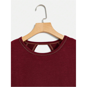 Camiseta Corta de Mujer, Color Borgoña Sólido, Cuello Redondo, Manga Corta, Ajuste Holgado, Tejido Transpirable, Informal, para Primavera/Verano, Gimnasio - Product Image 3