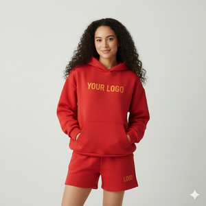 Nouvel ensemble décontracté pour femme, automne-hiver, en tricot uni, avec logo personnalisé, en polaire chaude, comprenant un sweat à capuche et un short - Product Image 4