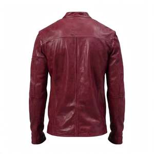 Blouson moto en cuir véritable bordeaux pour homme, avec poche poitrine, fermeture éclair, col montant, uni, en Spandex/Polyester, avec fourrure - Product Image 2