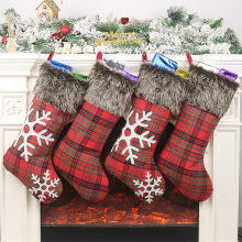 Christmas Stockings Plaid Red With Snowflake Embroidery Faux <b>Fur</b> <b>Trim</b> Soft Cotton Decorative Holiday Hanging Sock - Product Image 3