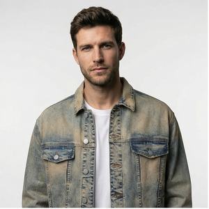 Veste en jean personnalisée vintage pour hommes, à la mode, lavée à l'acide avec trous en détresse, logo avant, vente en gros de jeans unis d'hiver - Product Image 1