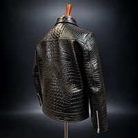 Veste de moto en cuir de crocodile véritable MH, noire, style motard, coupe ajustée, col rond, coupe-vent