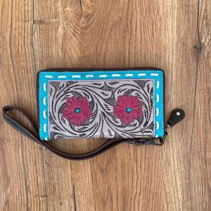 Nouveau Western fabriqué à la main en cuir sculpté pochette bracelet rouge Design Floral polyvalent femmes portefeuille et accessoire multi-usage - Product Image 4