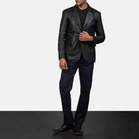Veste Homme Slim Fit en Cuir Véritable Noir Uni de Qualité Export, en Cuir de Vachette Véritable, Col Rabattu, Logo Avant