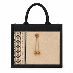 black laminated jute tote bag with ethnic print wooden button eco friendly reusable shopping <b>handbag</b> - Product Image 3