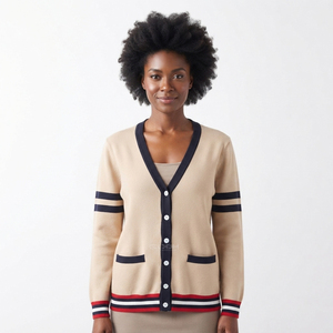 Cosh International Acrylic Sisterhood Sorority V Neck Stylish Women Winter Wear <b>Cardigan</b> Beige <b>Navy</b> Trim Knitted Sweater - Product Image 1