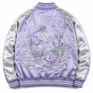 Chaqueta Sukajan de satén color lavanda helada de marca privada, bordada con libélulas e iris, estilo bomber, recuerdo japonés - Product Image 3