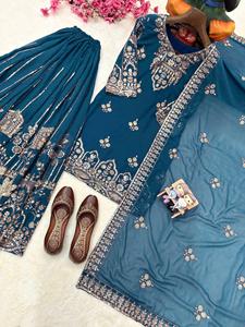Designer Bridal Wear Party Wear Zari And Sequence Embroidery Work Faux Georgette <b>Top</b> With Bottom And Dupatta Ready To Wear Set - Product Image 6