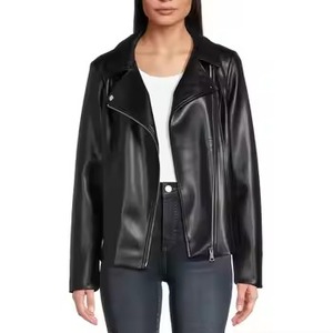 Women's Autumn/<b>Winter</b> <b>Waterproof</b> Woven PU Motorcycle <b>Jacket</b> Short Blazer-style with Button-Up Collar Solid Color - Product Image 5