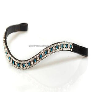 Personnalisé 3 rangées de turquoise et cristaux clairs forme de vague noir anglais selle cuir cheval front bande pour bride taille personnalisée - Product Image 6