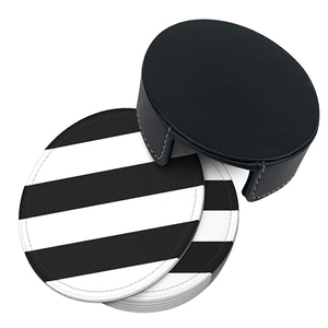 Stripes Black White Leather Coasters For Drinks, 6 Pcs Leather Coaster With Holder, Round Cup Mat <b>Pad</b> Set For Home And Kitchen - Product Image 1