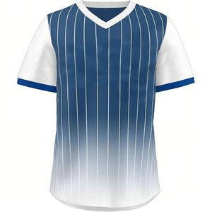 Unisex <b>Baseball</b> Jersey V-Neck Short Sleeve Striped Gradient Blue White 100% Polyester Breathable Sport Wear Front OEM Service - Product Image 1