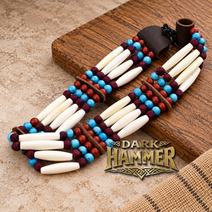 Collier artisanal en perles d'os naturel avec perles de pierres précieuses colorées, style rustique viking médiéval historique, bijoux pour costume - Product Image 3