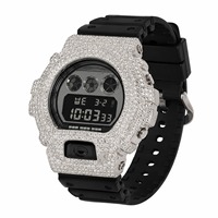 Montre numérique à strass, boîtier en acier inoxydable, bracelet en caoutchouc noir, cadran carré, montre de mode unisexe