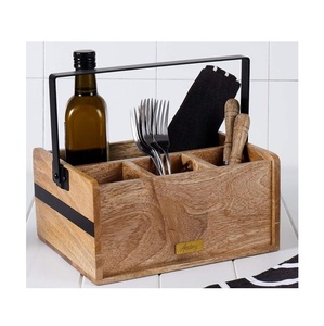 Support de rangement rectangulaire en bois à 3 compartiments, fait main, rustique, pour ustensiles de cuisine, type sur pied - Product Image 6