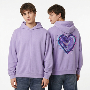 Sudadera con capucha morada lavanda personalizada para hombre, corte holgado, hombros caídos, forro polar grueso, gráfico Glitch Heart Cyberpunk, proveedor de sudaderas. - Product Image 1