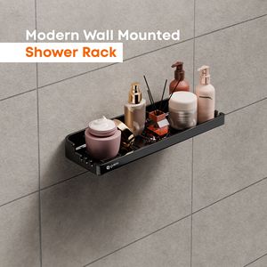 Wall Mounted Plastic Organizer <b>Shelf</b> Black Minimalist Bathroom Storage Rack Fixed Towel Holder Over 60cm Space Saving Ledge - Product Image 3