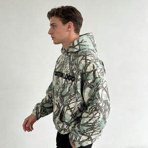 Sudadera con Capucha para Hombre, Moderna, Verde Beige Claro, Estampado de Ramas de Árbol, Tela Suave, Logotipo Personalizado, Talla Grande, con Bolsillos y Mangas Largas - Product Image 3