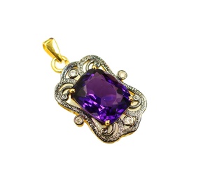 <b>Amethyst</b> Faceted Gemstone with Diamond Gold Plated Rhodium Plated Minimalist 925 Sterling Silver Bridal Anniversary <b>Pendant</b> - Product Image 1