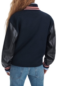 Veste universitaire pour femme bleu marine avec manches en cuir et bordure contrastante, col montant, manches longues, pour l'automne - Product Image 3