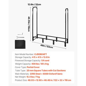 Porta Legna da Esterno da 4 Piedi con Copertura Impermeabile, Capacità di Stoccaggio 1/4 Cord, Portata Massima 400 libbre, Set Porta Legna in Metallo di Ferro - Product Image 4