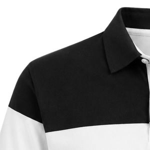 <b>Black</b> <b>White</b> Contrast <b>Stripe</b> Polo <b>Shirt</b> Short Sleeve Color Block Collared Button Front Golf Uniform Top with Crest Patch for Men - Product Image 3