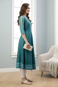 Kurti Anarkali con estampado geométrico para mujer, talla grande, cuello redondo, manga tres cuartos, ropa étnica, kurta en tela de rayón y algodón - Product Image 2