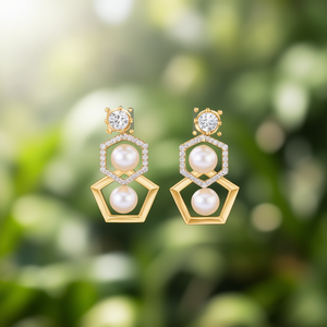 Geometric Gold Plated Hoop Earrings with Pearl and Diamond Accents - Product Image 2