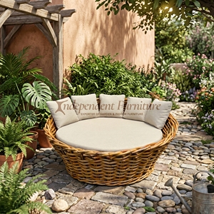 Nouveau lit de repos rond moderne et minimaliste de luxe en rotin naturel, ensemble de coussins pour canapé de salon extérieur, mobilier pour projets hôteliers et complexes hôteliers - Product Image 1