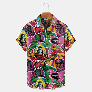 Chemise à manches courtes avec imprimé de personnages de films d'horreur multicolores, haut décontracté en coton pour Halloween - Product Image 4