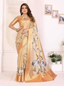 crane bird print soft silk <b>saree</b> with golden zari border luxury party wear designer <b>saree</b> with <b>blouse</b> - Product Image 2