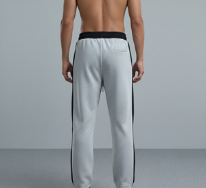 Pantalon de survêtement gris pour homme avec bande latérale noire et logo imprimé flamme, taille élastique avec cordon de serrage, tenue décontractée pour l'automne - Product Image 3