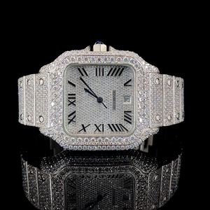 Iced Out Roman Numerals <b>Watch</b> Silver Square Automatic Men <b>Mechanical</b> Bust Down Luxury Hip Hop Bling Moissanite Style <b>Watch</b> - Product Image 1
