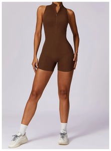 Quarter-<b>Zip</b> Sleeveless High Waist Seamless Yoga Bodysuit Solid Gray Breathable One Piece Activewear Set - Product Image 3