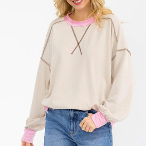 Women Oversized <b>Mock</b> <b>Neck</b> Sweatshirt Solid Gray 100% Cotton Drop Shoulder Long Sleeve Autumn Casual Wear - Product Image 2