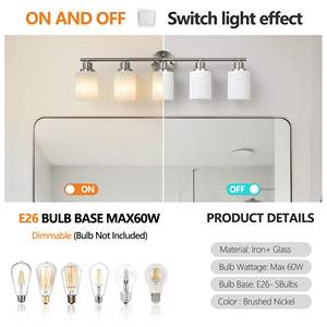 Applique murale moderne à 5 lumières, 31 pouces, finition nickel brossé, abat-jour en verre dépoli pour salle de bain, couloir, éclairage, ampoules non incluses - Product Image 5