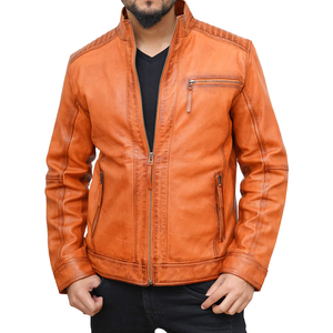 Men's Brown Genuine Leather Waterproof Breathable Eco-Friendly Quick Dry Moto <b>Jacket</b> Stand Collar Zipper Closure <b>Slim</b> <b>Fit</b> - Product Image 1