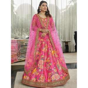 Ropa de boda de seda con estampado floral de color rosa oscuro Lehenga Choli - Product Image 1