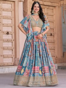 Conjunto de Lehenga Choli con Estampado Floral Azul, Traje Étnico para Boda, Vestido de Fiesta para Mujer - Product Image 1