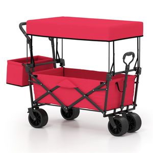 Carrello Pieghevole Rosso con Manico Regolabile, Ruote Antiforatura e Tasche Laterali Rimovibili per Campeggio e Attività all'Aperto - Product Image 1
