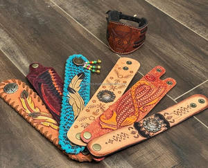 2025 Fashion Hand Tooled <b>Leather</b> Cuff <b>Bracelet</b> with Tribal Sunburst Concho Custom Genuine Cow <b>Leather</b> Wristband for Men & <b>Women</b> - Product Image 5