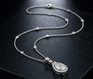 Women's White Gold Pear-Cut Teardrop Diamond Halo Pendant <b>Necklace</b> with Stationed Accents - Product Image 4