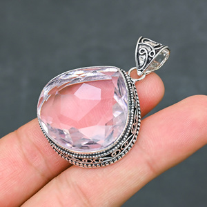 Magnifique pendentif en kunzite rose, pierre précieuse créée en laboratoire, en argent sterling 925, fait main, bijou statement, cadeau pour femme, très demandé - Product Image 1