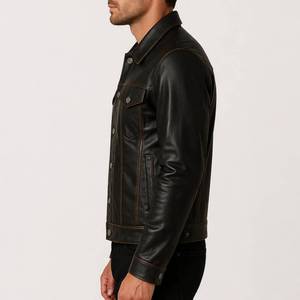 Aaron Men's Black Distressed Vintage Genuine Leather Winter Streetwear Trucker <b>Racer</b> <b>Jacket</b> - Trucker <b>Racer</b> <b>Jacket</b> Vintage - Product Image 3