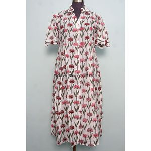 Hermoso y cómodo vestido casual de manga corta tipo canguro, hecho a mano en India, de algodón, para mujer, para fiestas, con estampado a mano. - Product Image 3