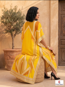 Vestido Kaftán Largo Estampado Amarillo de Rayón para Mujer, Cuello en V, Manga Larga, Hasta la Rodilla, Elegante, Marca HitJem Export Premium - Product Image 3