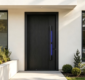 Modern Minimalist Steel Entry Door with Vertical Groove Design and Blue LED Handle <b>Swing</b> Style Anti-Theft Security Exterior Use - Product Image 3